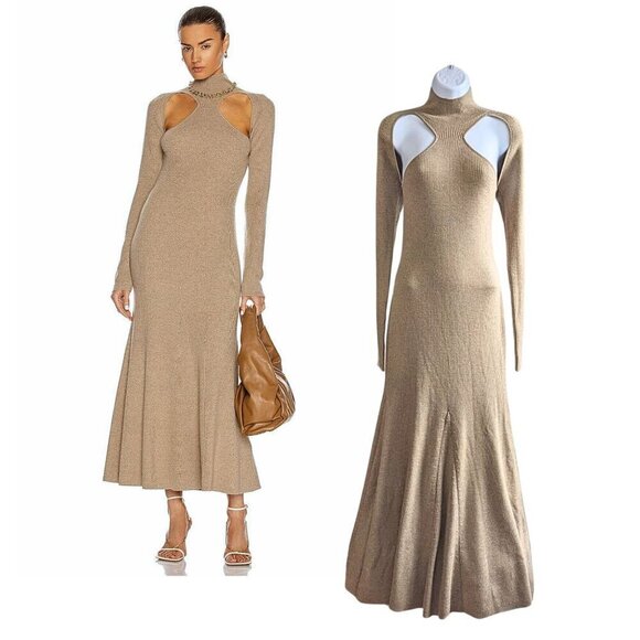 NANUSHKA Anaira Beige 97% Melange Wool Cut Out Fishtail Knit Sweater Dress Sz L - Picture 1 of 9